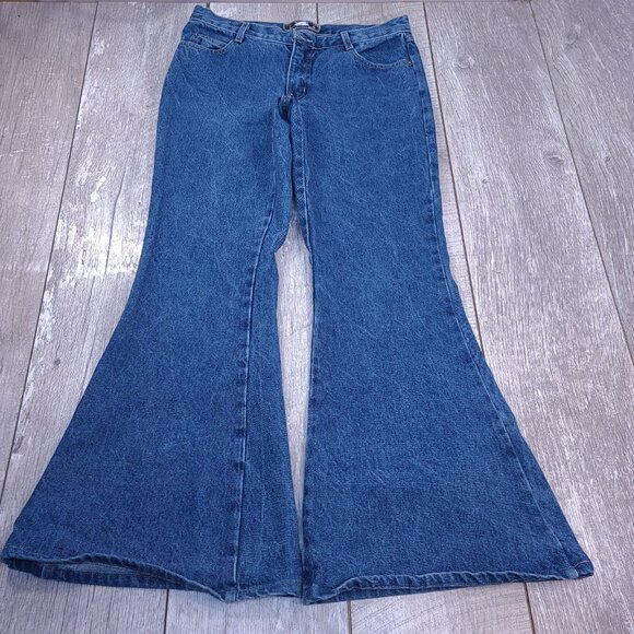 Vintage Rave R4R Jeans Womens 11 Blue Mid Rise Super Flare Leg Denim Y2K Hippy - Picture 1 of 8